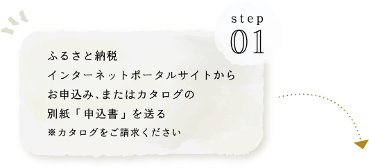 STEP01 ふるさと納税インターネットポータルサイトからお申込み、またはカタログの別紙 ｢申込書｣ を送る ※カタログをご請求ください